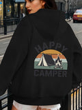 Women's Hoodie Happy Camper Retro Sunset With Tent And Campfire Scene