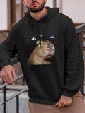 Men's Hoodie Glossy UFO Lights With Majestic Capybara Staring Under Mysterious Night Sky Capybara