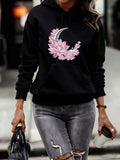 Women's Hoodie Blooming Pink Lotus Flowers Curved Beside Silver Crescent Moon