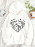 Women's Hoodie Crescent Heart Shaped Ocean Waves Under Starry Sky