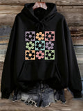 Women's Hoodie Multicolored Retro Grid Patterned Flowers Over Black Hoodie