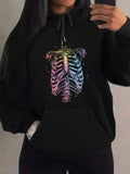 Women's Hoodie Neon Gradient Light Illuminating Colorful Artful Ribcage Bones Hoodie Skeleton
