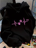 Women's Hoodie Heartbeat Line With Two Pink Pawprints And Small Heart