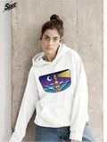 Women's Hoodie Night Sky Moon With Waves And Shining Beacon Lighthouse