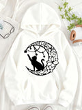 Women's Hoodie Botanical Moon Surrounded By Flowers With Playful Cat