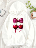 Women's Hoodie Glittery Pink Bow With Dripping Juicy Cherries On White Hoodie
