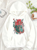 Women's Hoodie Hand Drawn Botanical Vines With Anatomical Summer Flowers Heart