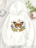 Women's Hoodie Crescent Moon With Blossoming Wildflowers And Vibrant Butterfly