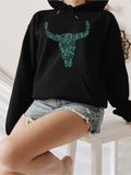 Women's Hoodie Sparkling Contemporary Shape With Blue Gem Cluster Longhorn Skull