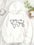 Women's Hoodie Minimal Line Sea Route With Plane And Stylized World Map