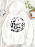 Women's Hoodie Celestial Crescent With Blooming Lotus Surrounded By Stars And Vine Motifs Lotus