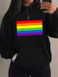 Women's Hoodie Vivid Rainbow Stripes On Classic Black Hooded Sweatshirt