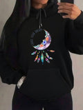 Women's Hoodie Follow Your Dream Crescent Moon With Colorful Floral Feathers Dreamcatcher Design