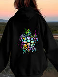 Women's Hoodie Vivid Watercolor Splashes With Iridescent Marked Pattern Turtle