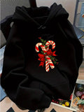 Women's Hoodie Classic Christmas Candy Cane With Red Festive Bow And Holiday Leaves Centered Candy Cane
