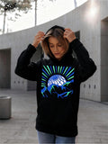 Women's Hoodie Radiant Neon Mountain Landscape With Geometric Sun Behind Peaks