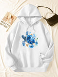 Women's Hoodie Blue Floral Watercolor Burst With Gentle Sea Turtle
