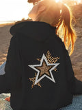 Women's Hoodie Leopard Print Pattern And Glitter Star Graphic Star