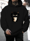 Men's Hoodie Playful Black Cat With Big Eyes Drinking From Coffee Cup