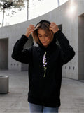 Women's Hoodie Delicate Violet Blooming On Black Hoodie With Graceful Petals Flower