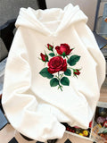 Women's Hoodie Vibrant Deep Red Roses With Green Leaves In Blooming Cluster Rose