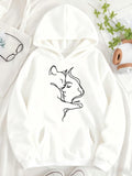 Women's Hoodie Minimalist Line Drawing Of Tender Embrace Between Cat And Woman Face