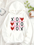 Women's Hoodie Tic Tac Toe Game Board With Red Hearts And Black Letters On White Hoodie