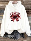 Women's Hoodie Merry Christmas With Red Ribbon Against Checkered Pattern Bow