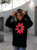 Women's Hoodie Bold Red Petals Blooming On Soft Urban Black Hoodie Flower