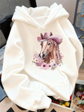 Women's Hoodie Cowboy Hat With Pastel Flowers And Gentle Brown Horse