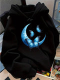 Women's Hoodie Blue Butterflies Resting On A Crescent Moon Surrounded By Subtle Night Glow Moon