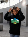 Women's Hoodie Hexagonal Cabin Scene With Pine Trees Blue Sky And Sun Cabin