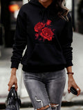 Women's Hoodie Dark Urban Elegance With Vibrant Red Blossoming Flower Rose