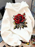 Women's Hoodie Vibrant Lifelike Scarlet Petals With Glistening Dewdrops Blooming Rose