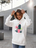 Women's Hoodie Floral Greenery With Playful Pink Accents Around Blooming Cactus