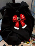 Women's Hoodie Holiday Ribbon With Festive Sparkling Red Satin And Fluffy Trim Bow
