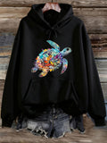 Women's Hoodie Colorful Floral Patterns With Vivid Effect Surrounding A Turtle