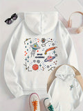 Women's Hoodie Space Adventure Shining Comets Around Planets With Colorful Spaceship