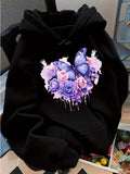 Women's Hoodie Purple Roses With Blooming Petals Butterflies And Soft Light Butterfly