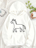 Women's Hoodie Playful Hand Drawn Black Outlined Standing Horse