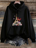 Women's Hoodie Butterflies And Colorful Flowers Around Paris Eiffel Tower