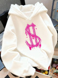 Women's Hoodie Splattered Neon Pink Graffiti Art With Large Painted Dollar Sign