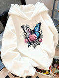 Women's Hoodie Vibrant Blue Butterfly With Pink Roses Among Soft Blossoms Butterfly