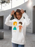 Women's Hoodie Minimalist Urban Scene With Cartoon Woman And Man Illustration