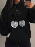 Women's Hoodie Glittering Silver Disco Pattern Cherries On Black Hoodie
