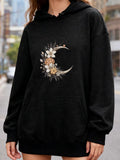 Women's Hoodie Floral Arrangement With Delicate Leaves Embracing Golden Crescent Moon