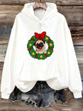 Women's Hoodie Festive Green Wreath With Red Bow Accented Playful Pug Dog