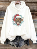Women's Hoodie Winter Holiday With Furry Highland Cow Wearing Santa Hat