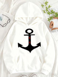 Women's Hoodie Minimalist Black Nautical Anchor Design On Crisp White Hoodie Anchor