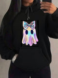Women's Hoodie Pastel Rainbow Shimmering Fabric With Big Bow Accented Playful Ghost